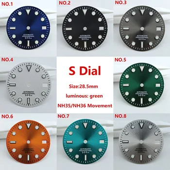 28,5 мм Циферблат NH35, Циферблат S, зеленый светящийся циферблат, подходит для часов с механизмом NH35 NH36, аксессуары для часов, инструмент для ремонта часов
